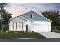 Charming single-Gathering home featuring a manicured lawn, attached garage, and tasteful blue and white color palette at 8644 Farrier Dr., Myrtle Beach, SC 29588