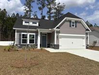 Charming single-Gathering home featuring stone accents, gray siding, a well-kept lawn, and an attached two-car garage at 300 Palmetto Sand Loop, Conway, SC 29527