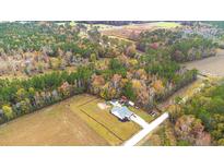Expansive aerial view showcasing the property nestled among lush trees with open fields at 1200 Bergen Dr., Loris, SC 29569