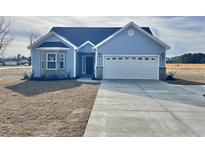 Charming single-story home with blue siding, a two-car garage, and a well-manicured lawn at 2814 Daisy Rd., Loris, SC 29569