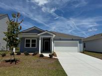 Charming single-story home with a two-car garage, landscaped front yard, and light blue siding at 1002 Laconic Dr., Myrtle Beach, SC 29588