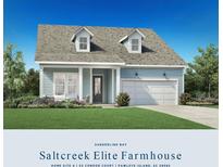 Saltcreek Elite Farmhouse exterior boasts a charming light blue color with white accents and a two-car garage at 53 Condor Ct, Pawleys Island, SC 29585