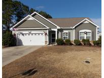 One-story house with gray siding, two-car garage, and manicured lawn at 741 Londonberry Ct., Conway, SC 29526
