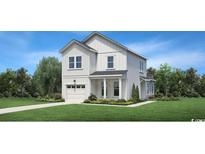 Charming two-story home with white siding, a well-manicured lawn and an attached garage at 2404 Hillbourne Loop, North Myrtle Beach, SC 29582