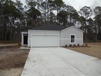 Newly constructed home with gray vinyl siding, a white garage door, and a well-maintained lawn at 1050 Harbor Dr., Calabash, NC 28467