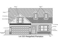 A detailed elevation drawing of a house with shingles, vinyl siding, and a two-car garage at 39 Patriot Ct., Georgetown, SC 29440