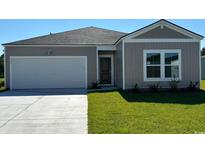 New single-story home with gray siding, two-car garage, and a landscaped lawn at 1387 Palm Springs Paloma Dr, Longs, SC 29568