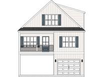 Two-story house with a garage and balcony. Light beige siding, dark blue shutters at 1712 26Th Ave. N, North Myrtle Beach, SC 29582