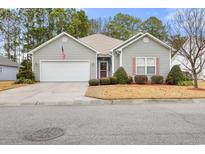 Gray house with two-car garage, landscaping, and American flag at 1725 Fairwinds Dr., Longs, SC 29568