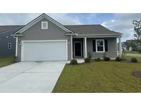 Charming single-story home featuring a gray exterior, a two-car garage, and a well-manicured front lawn at 253 Hawks Run Dr., Calabash, NC 28467