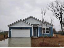 New construction home with blue siding, white trim, and a two-car garage at 1107 Black Lake Way, Conway, SC 29526