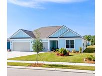 Charming light blue home featuring a manicured lawn, colorful flower beds, and a two-car garage at 1410 Saw Palmetto St., North Myrtle Beach, SC 29582