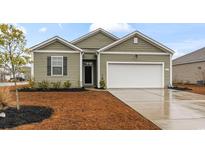 Charming single-story home with a two-car garage, manicured lawn, and neutral green siding at 775 Oyster Bluff Dr., Myrtle Beach, SC 29588