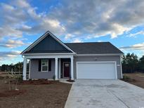 New construction home features gray siding, a two-car garage, and a welcoming front porch at 539 Firouz Dr, Longs, SC 29568