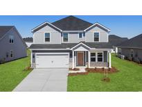 Two-story home features a gray exterior, attached garage, covered front porch, and well-manicured lawn at 8705 High Banks Way, Longs, SC 29568