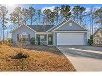 Gray house with white garage door and American flag,landscaped yard at 352 Beulah Circle, Conway, SC 29527