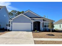 Gray-blue house with white garage door and landscaping at 1519 Wood Stork Dr., Conway, SC 29526