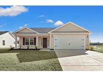 Beige house with a white garage door and landscaping at 635 Snowy Owl Way, Conway, SC 29527