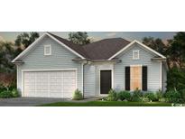 Two-car garage, light blue siding, landscaping at 2518 Watershed Way, Longs, SC 29568