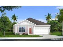 One-story home with gray siding, attached garage, and coral door at 409 Sun Colony Blvd., Longs, SC 29568