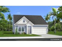 Charming one-story home with gray roof and light blue siding, nestled in a tropical landscape at 456 Sun Colony Blvd., Longs, SC 29568