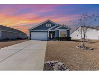 Charming single-story home with blue siding, a well-manicured lawn, and a two-car garage at 1377 Tessera Way, Myrtle Beach, SC 29579