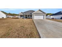 Gray house with white garage door, landscaping, and a long driveway at 142 Bancroft Dr., Conway, SC 29527