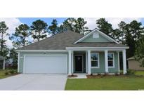 Charming one-story home featuring green siding, a gray roof, and a white garage door at 8055 Bear Claw Ct., Conway, SC 29526