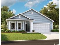 Charming single-story home with blue siding, a manicured lawn, and an attached two-car garage at 3057 Palma Way, Myrtle Beach, SC 29579