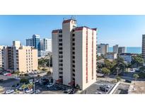 A bright view of this high rise condo community offers lovely curb appeal and ocean views at 7509 N Ocean Blvd. # 1203, Myrtle Beach, SC 29572