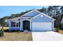 Charming single-story home featuring a two-car garage and classic blue siding at 746 Plumage Ct., Myrtle Beach, SC 29588