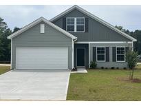 Charming single Gathering home with a light grey vinyl exterior, a two-car garage, and a well manicured front lawn at 491 Wagner Cir., Conway, SC 29526