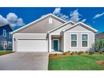 Charming single-Gathering home featuring a 1-car garage, teal front door, and beautifully landscaped front yard at 453 Kapalua Loop, Little River, SC 29566