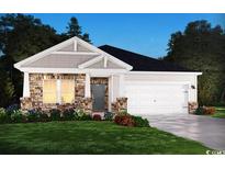 Charming one-story home featuring stone accents, a two-car garage, and a well-manicured lawn at 4295 Falls Oaks St., Myrtle Beach, SC 29579