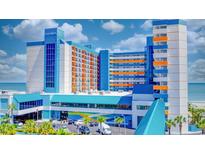 Bright colorful exterior view of the Landmark Resort along the Myrtle Beach coastline with ocean view at 1501 S Ocean Blvd. # 844, Myrtle Beach, SC 29577