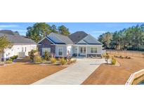 Charming single-story home featuring a gray facade, well-manicured landscaping, and a long driveway leading to the entrance at 1001 Muskeg Ct., Conway, SC 29526