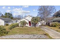 Charming single-story home featuring a cozy porch, red front door, mature landscaping, and a well-maintained lawn at 403 Sean River Rd., Conway, SC 29526