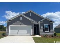 Charming one-story home featuring gray siding, a two-car garage, and well-maintained landscaping at 643 Castillo Dr., Loris, SC 29569