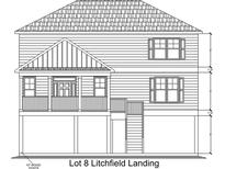 Detailed exterior elevation showing the home's facade, windows, porch, and architectural style at 133 Litchfield Landing, Pawleys Island, SC 29585