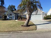 Charming one-story home featuring a well-manicured lawn and a beautiful, mature palm tree at 1435 Southwood Dr., Myrtle Beach, SC 29575