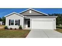 Charming single-story home featuring gray siding, black shutters, and a two-car garage on a sunny day at 219 Lister St, Conway, SC 29526