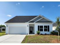 Charming single-story home with a white exterior, black roof, attached garage, and well-maintained lawn at 316 Dunlin Pl, Conway, SC 29526