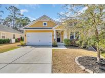 Charming yellow home with a two-car garage and well-manicured lawn at 343 Scottsdale Ct., Murrells Inlet, SC 29576