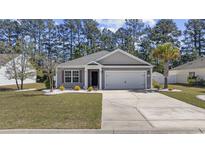 Charming single-story home with a well-manicured lawn, a two-car garage, and mature trees at 168 Oak Leaf Dr., Longs, SC 29568