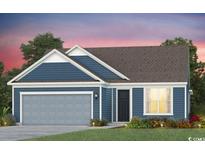 Charming single-story blue home featuring a grey garage door and stylish landscaping at 2535 Watershed Way, Longs, SC 29568