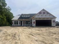 Image shows the unfinished exterior of a new construction home with an attached two-car garage at 471 Highway 348, Loris, SC 29569