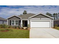 Charming single-story home with gray siding, a two-car garage, and a well-manicured lawn and landscaping at 124 Ashworth Dr., Tabor City, NC 28463