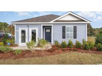 Charming single-story home featuring blue siding, manicured landscaping, and inviting entryway at 204 Jeff Waters Circle, Longs, SC 29568