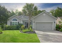 Charming single-story home with a well-manicured lawn, beautiful landscaping, and attached two-car garage at 1406 Seabrook Plantation Way, North Myrtle Beach, SC 29582