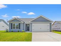 Charming single-story home with blue siding, attached garage, and well-manicured lawn on a sunny day at 205 Gray Owl Dr., Conway, SC 29527